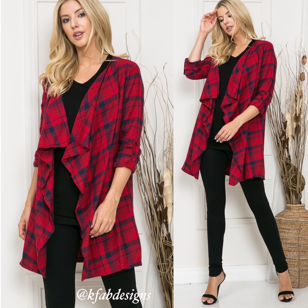 LAST! Soft Plaid Red Open Cardigan with Roll Up Sleeves! - Picture 1 of 8